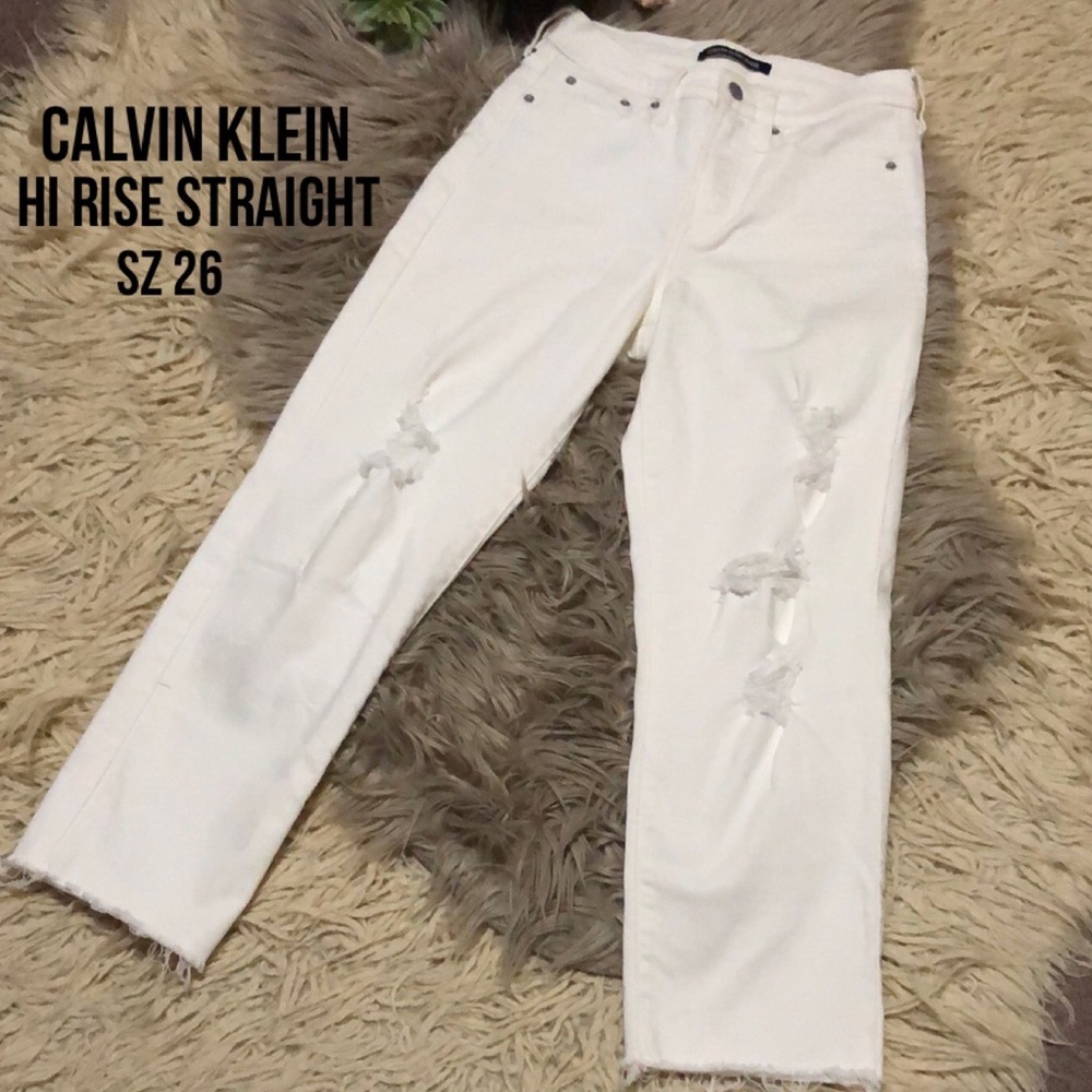 CK High Rise Straight-Sz 26-Cotton-White-Cut Distressed Cuffs
